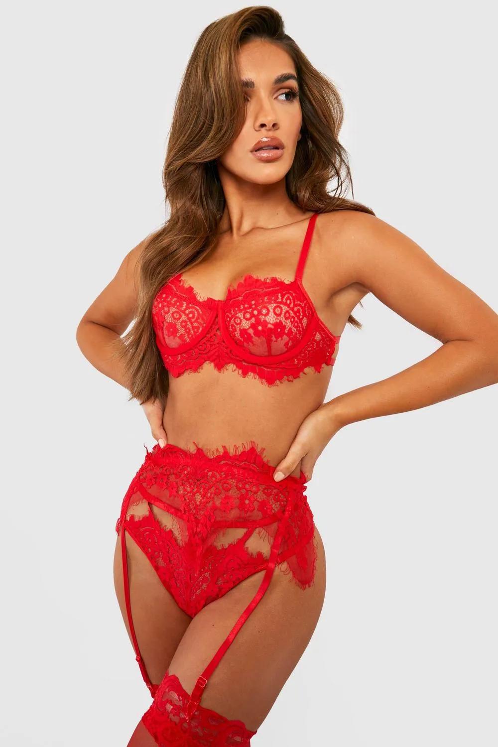 Eyelash Lace Bralette Suspender & Thong Set by boohoo