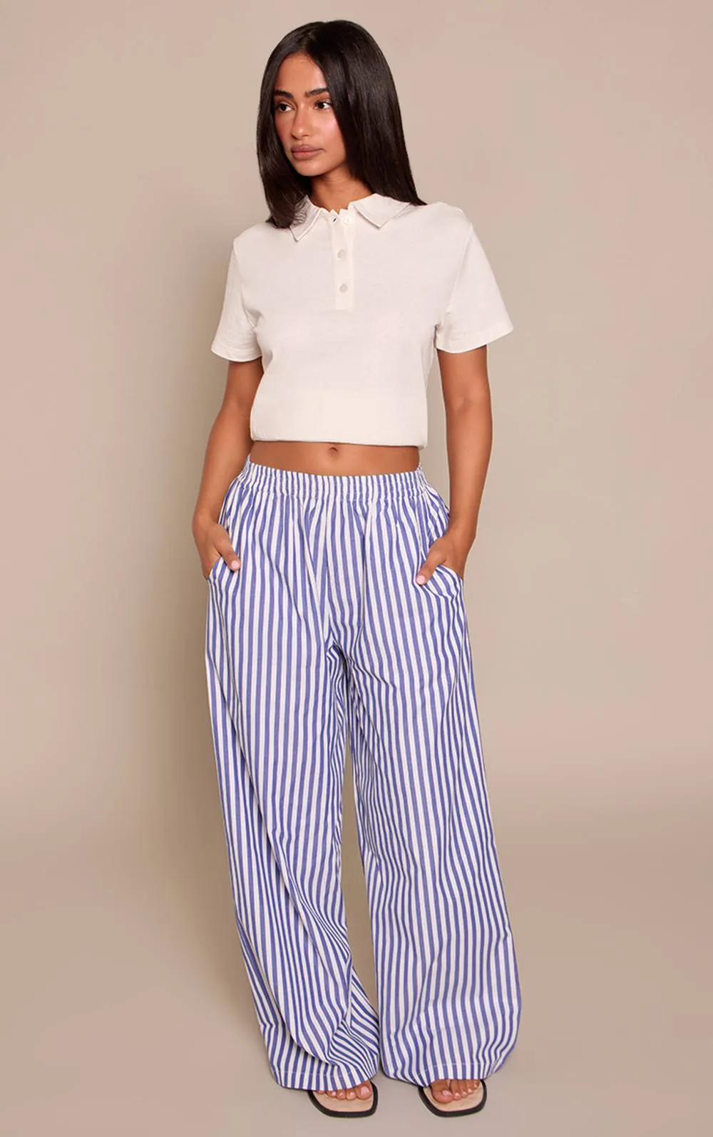 Stripe Linen Look Elasticated Waist Trousers by PrettyLittleThing