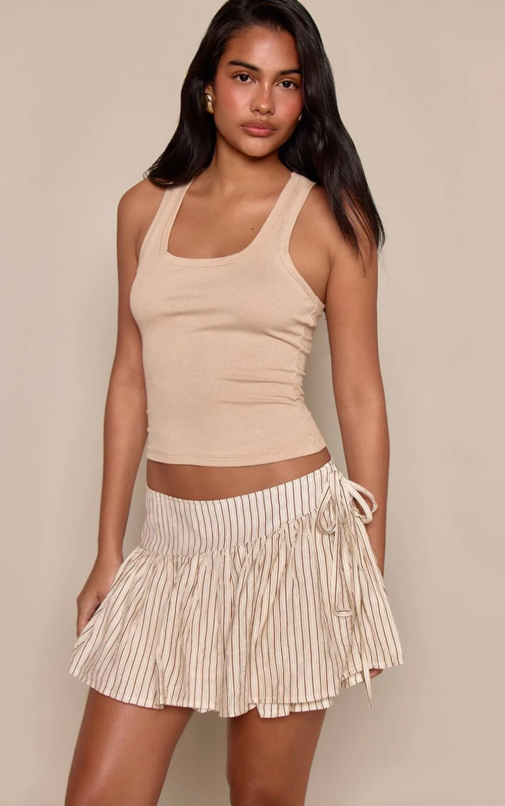 Stripe Woven Tie Waist Mini Skirt - Stone