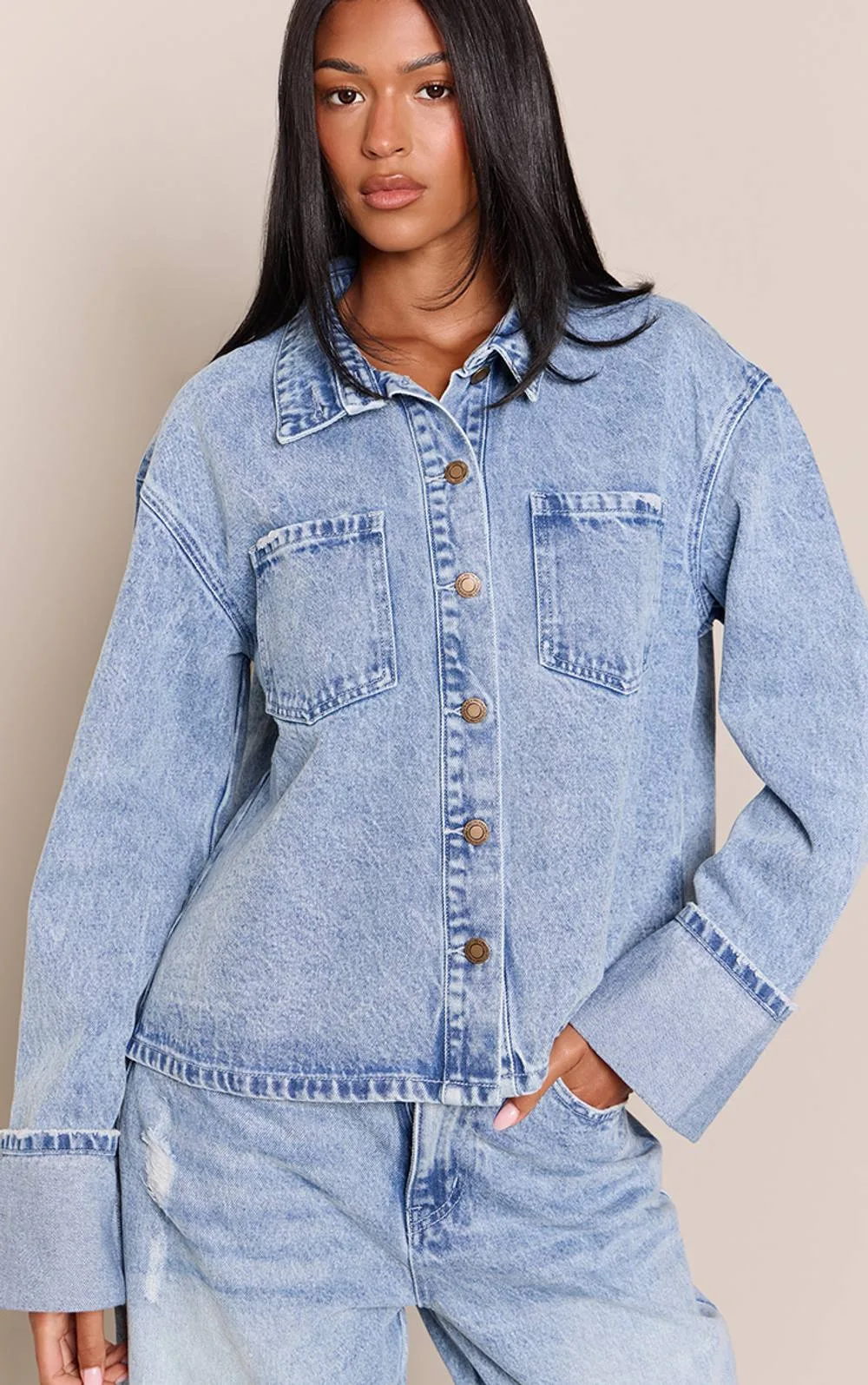 Turn Back Cuff Cropped Denim Jacket by PrettyLittleThing
