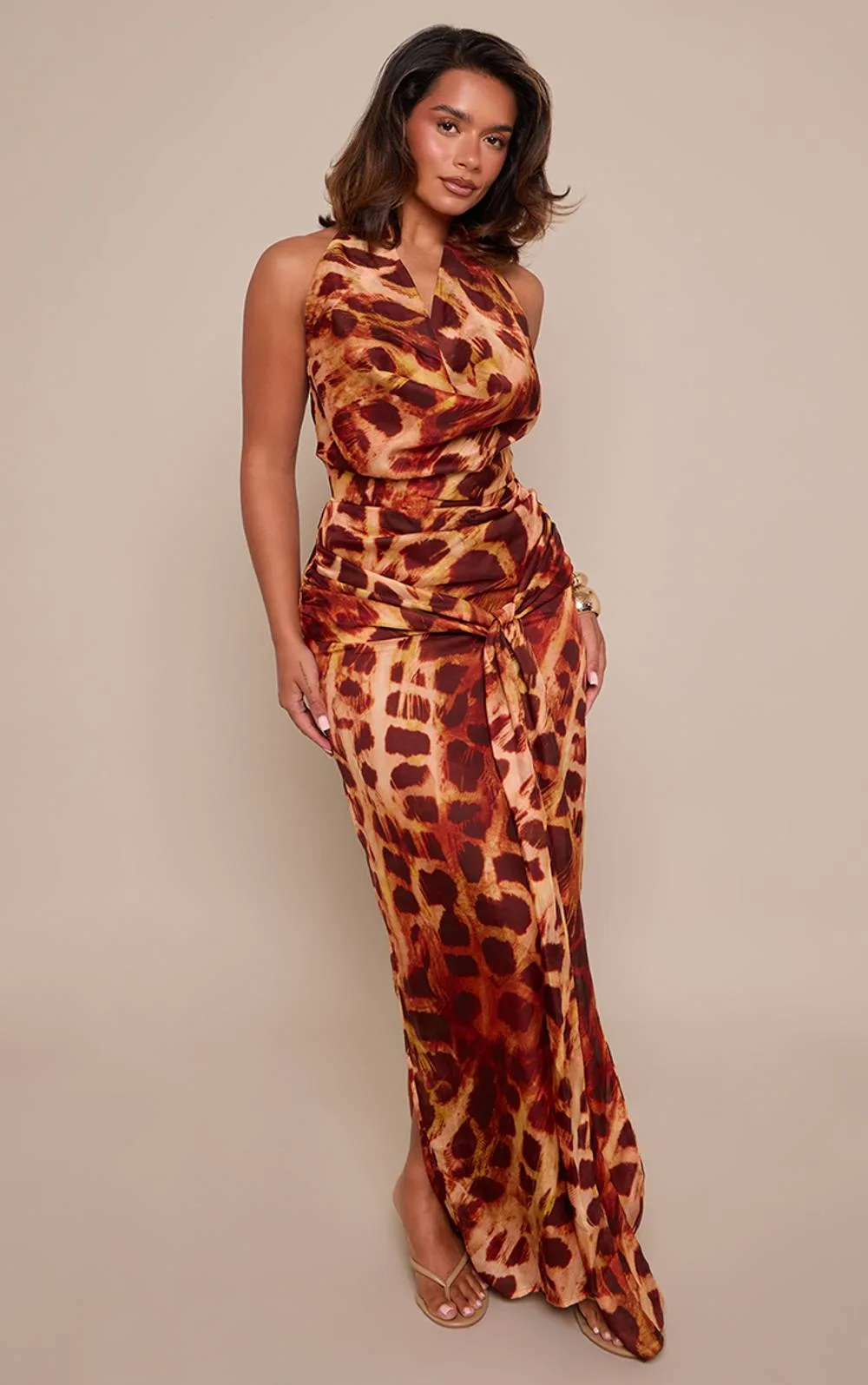 Abstract Cowl Neck Tie Front Maxi Dress