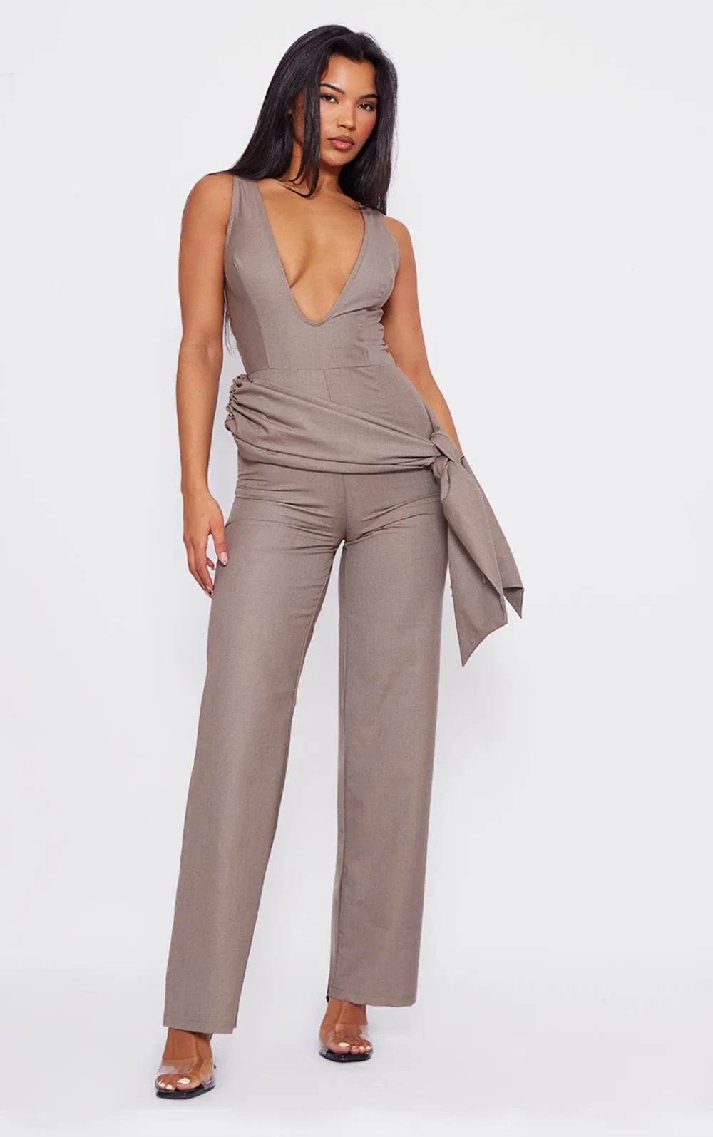 Tailored Woven Plunge Wrap Belt Jumpsuit by PrettyLittleThing