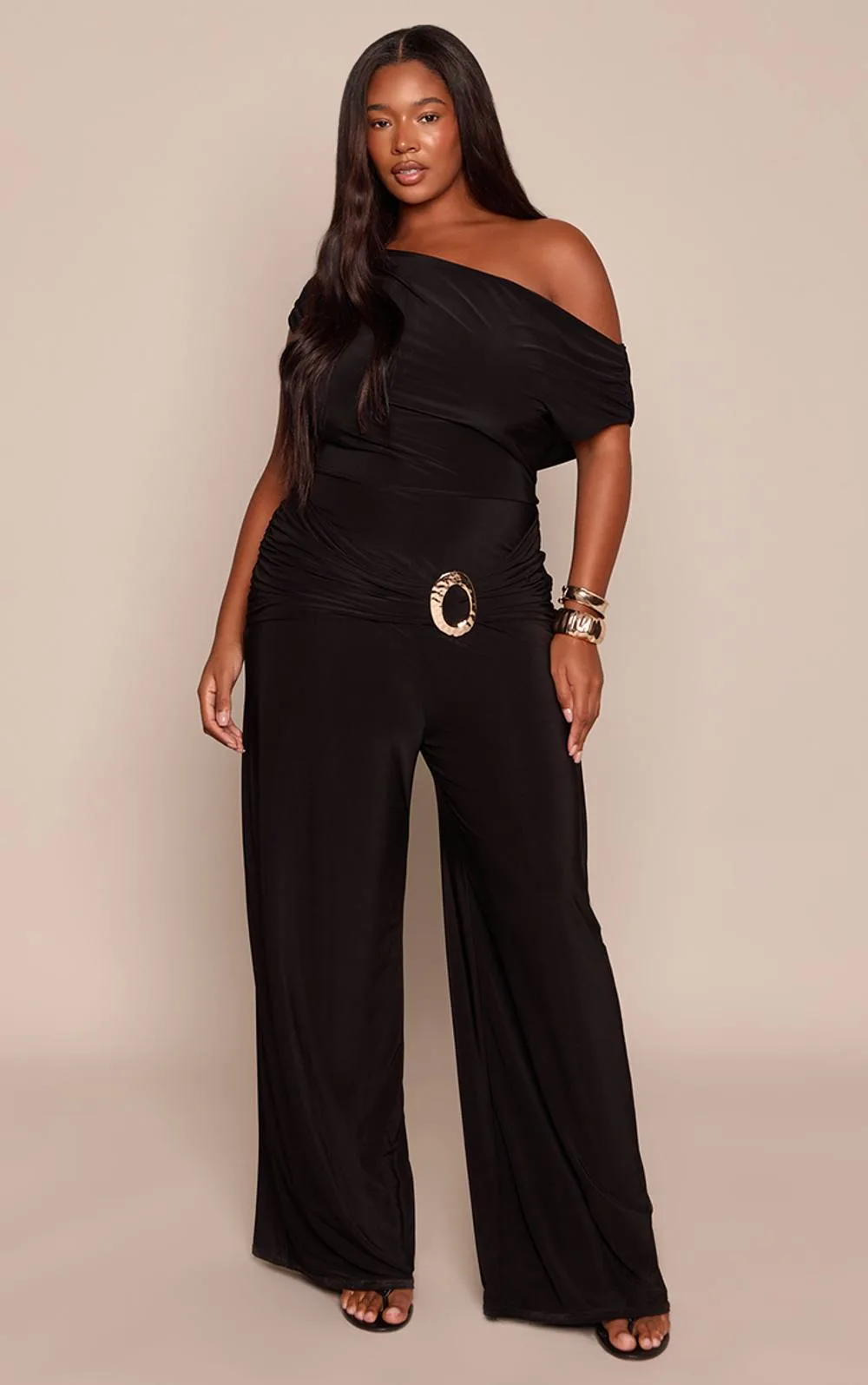 Slinky Asymmetrical Neck Wide Leg Jumpsuit by PrettyLittleThing