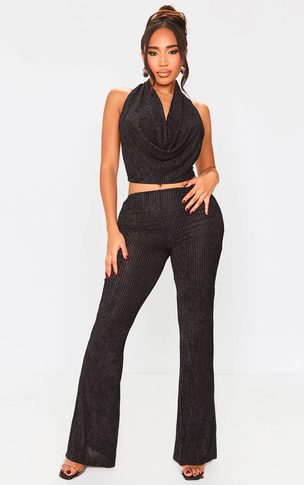 Plisse Glitter High Waist Wide Leg Trousers by PrettyLittleThing