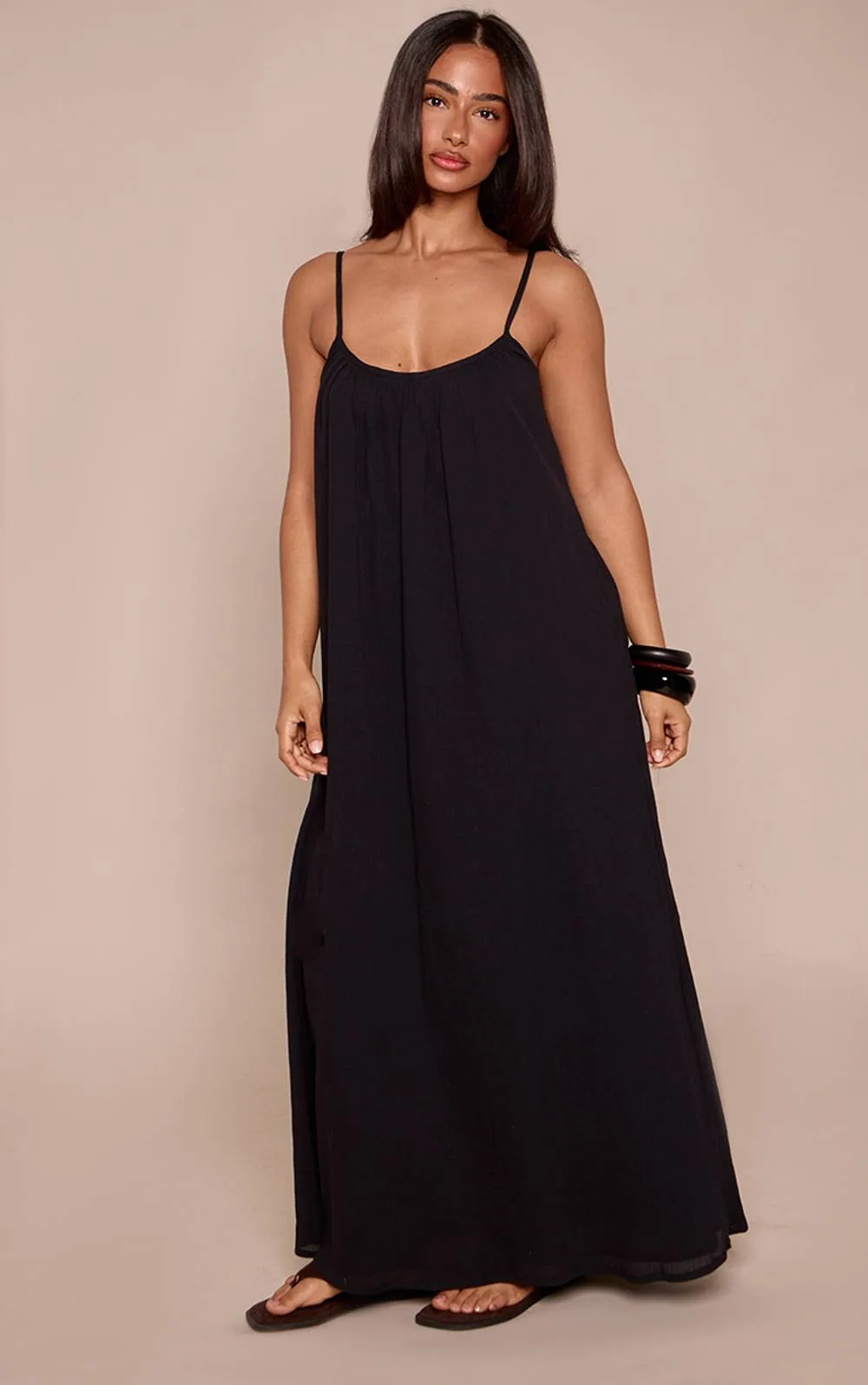 Textured Linen Look Scoop Floaty Maxi Dress