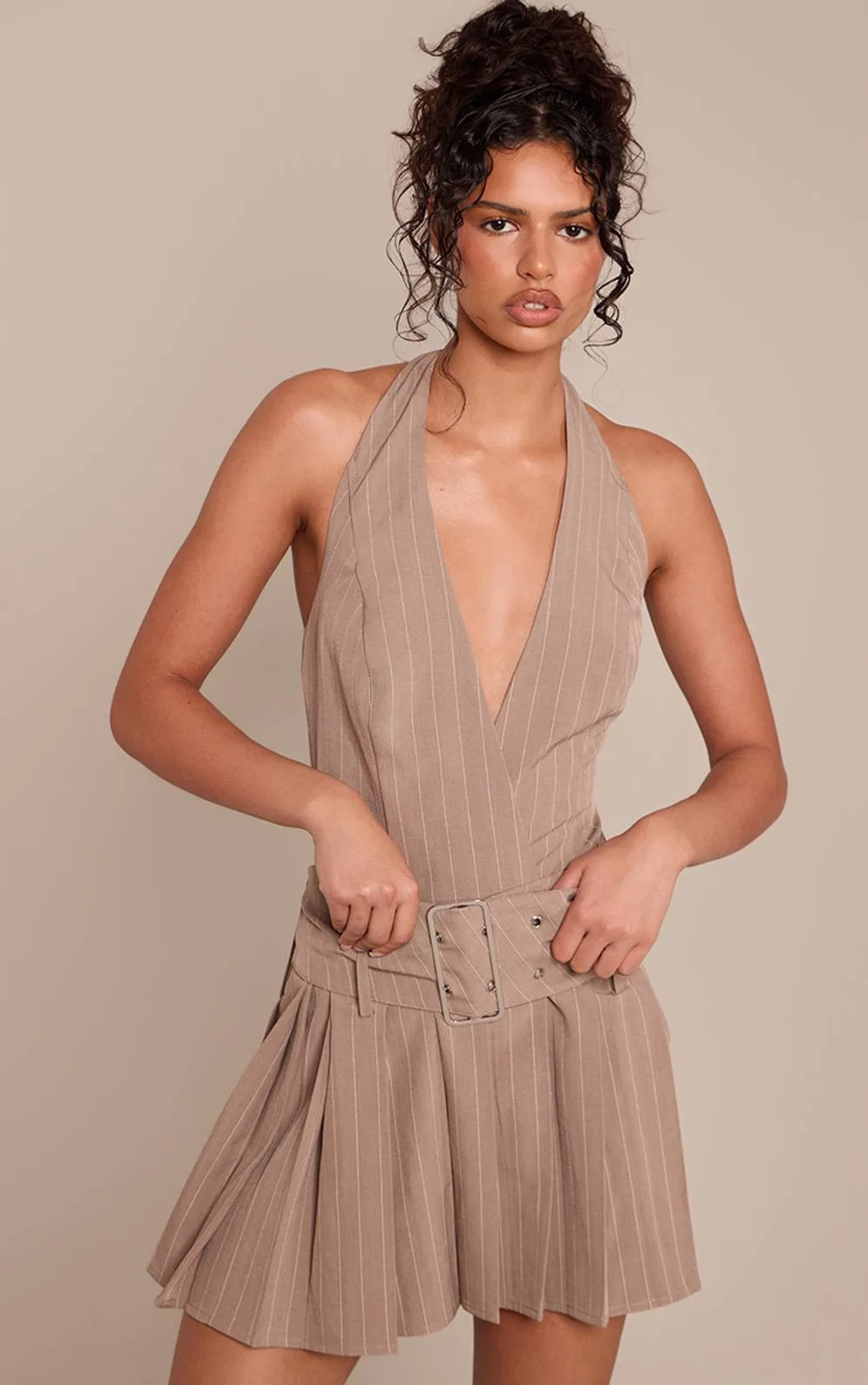 Pinstripe Halterneck Belted Shift Dress by PrettyLittleThing