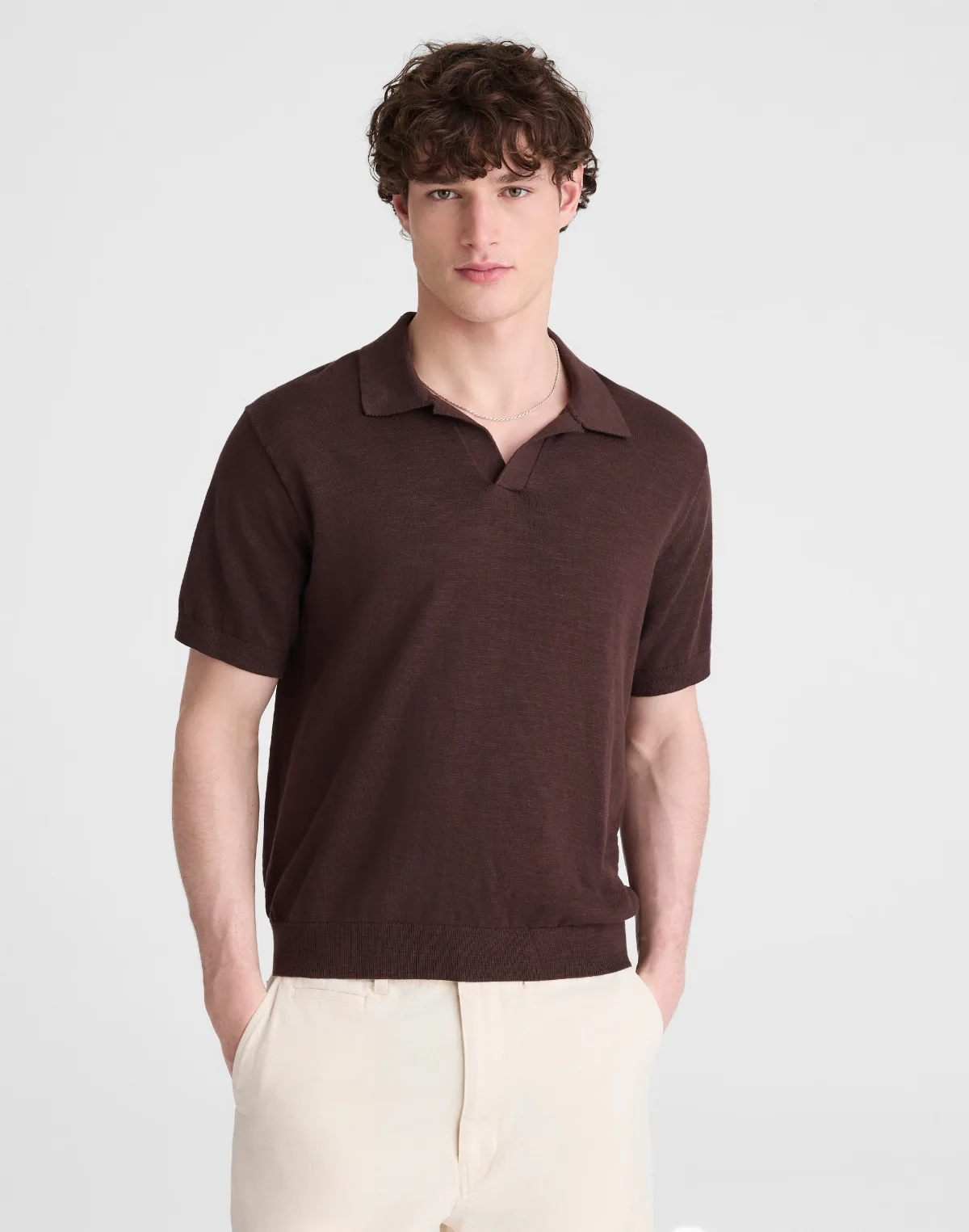 Johnny-Collar Sweater Polo in 100% Slub Knit Cotton