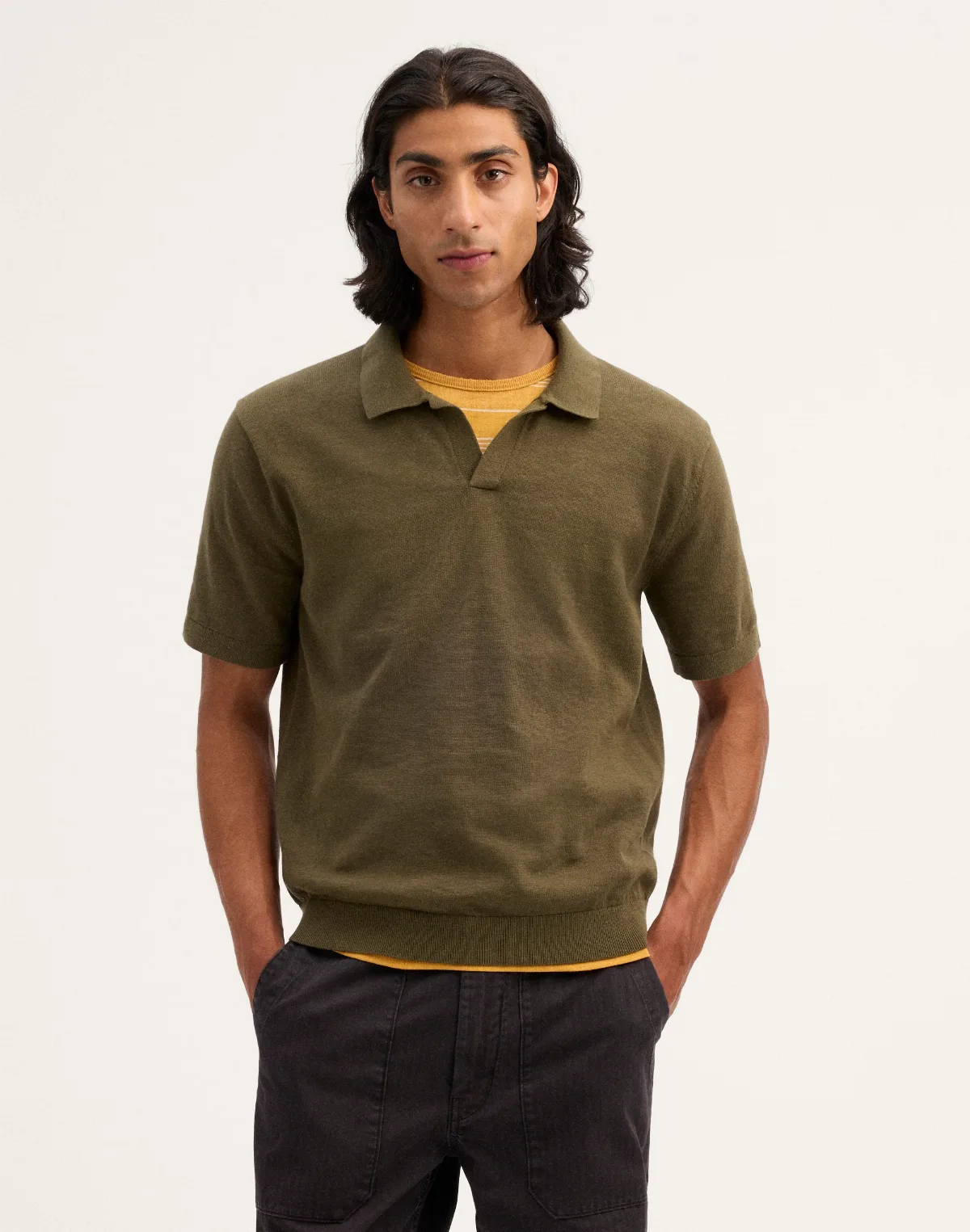 Johnny-Collar Sweater Polo in 100% Slub Knit Cotton