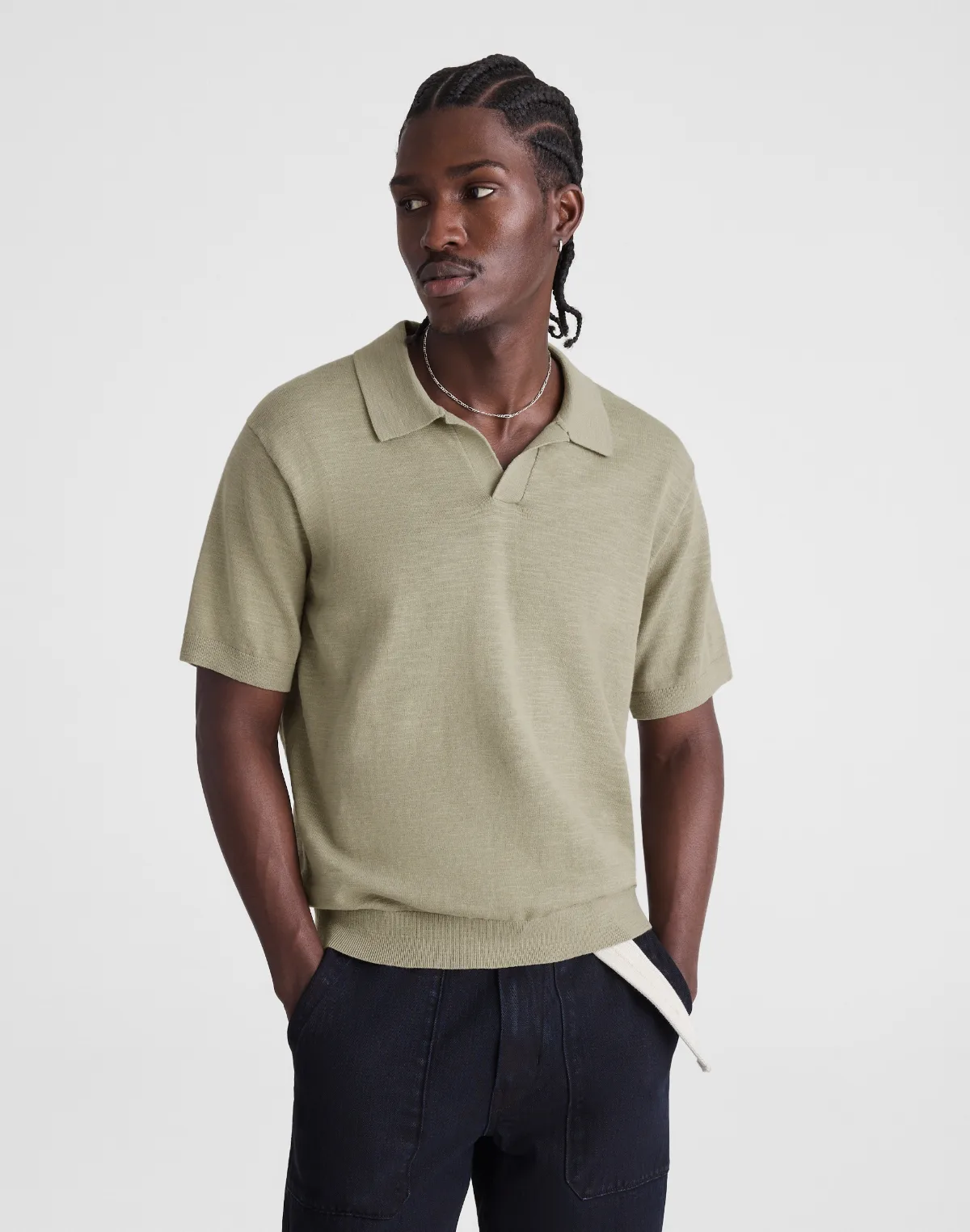 Johnny-Collar Sweater Polo in 100% Slub Knit Cotton