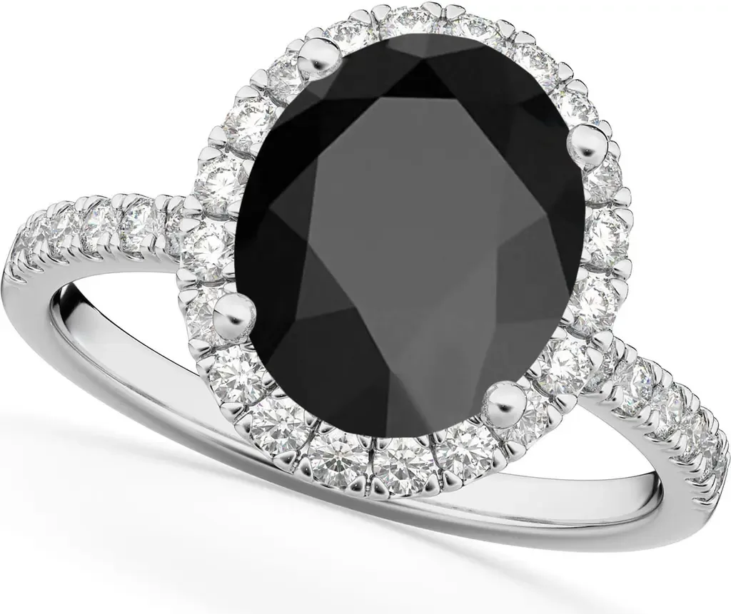 Oval Cut Halo Black Onyx & Diamond Engagement Ring 14K by ALLUREZ