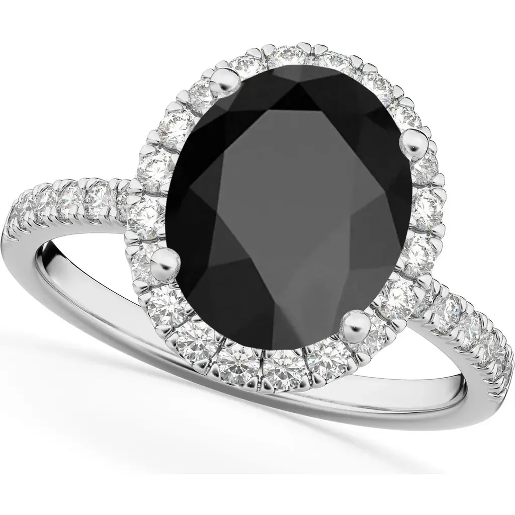 Oval Cut Halo Black Onyx & Diamond Engagement Ring 14K by ALLUREZ