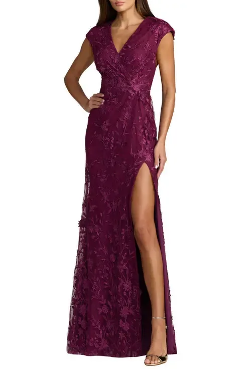 Faux Wrap Embroidered Cap Sleeve Gown by Mac Duggal