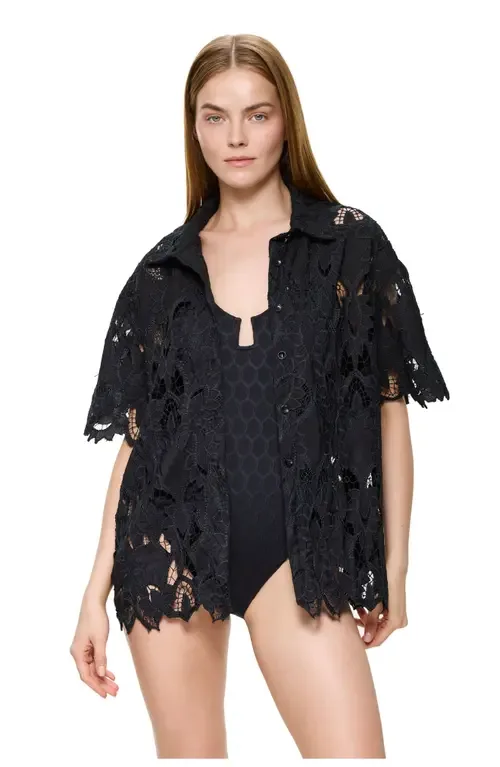 Guipure Lace Short Sleeve Button Down Shirt Cover-Up by Gottex