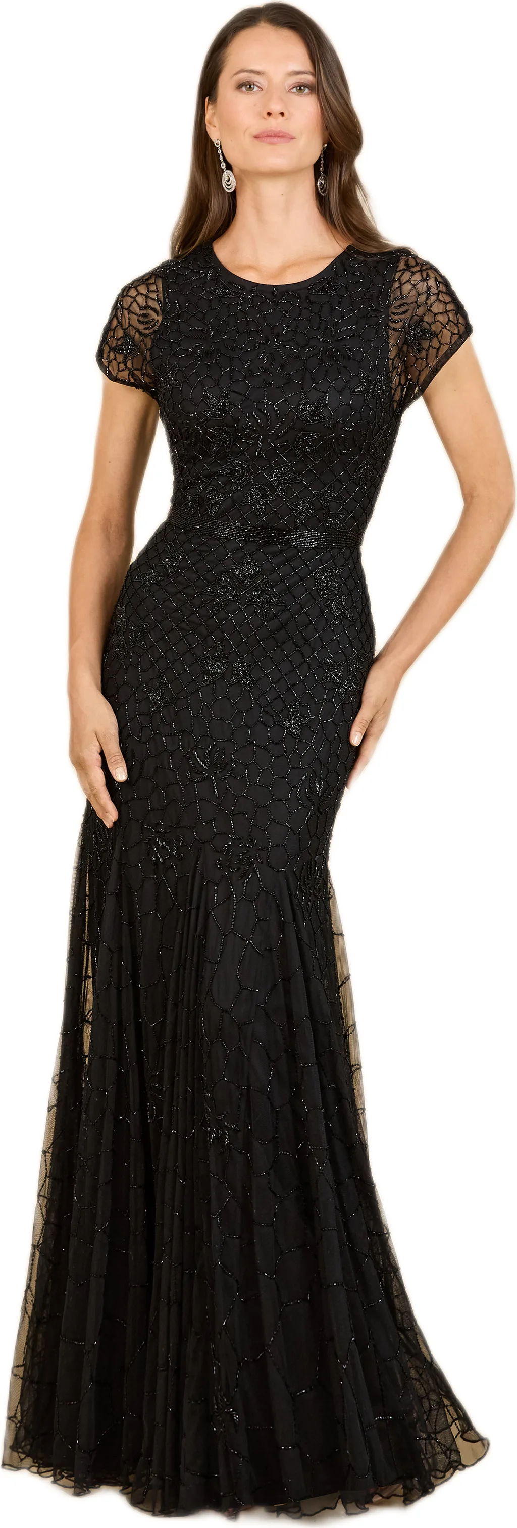 Beaded Mermaid Cap Sleeve Gown