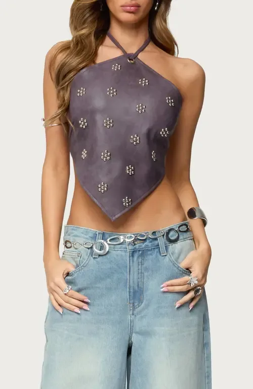 Shila Studded Faux Leather Halter Top by EDIKTED