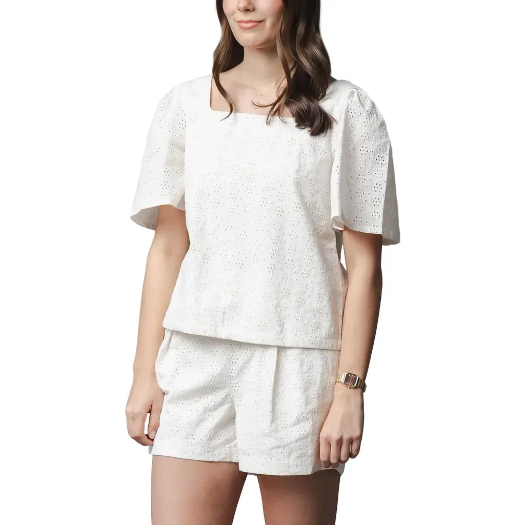 Organic Flounce Sleeve Eyelet Top by Hope & Henry