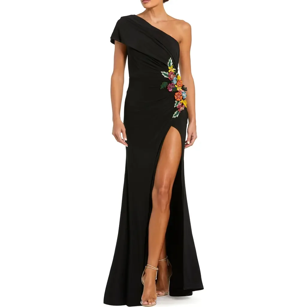 One Shoulder Jersey Gown with Beaded Floral Appliqué by Mac Duggal