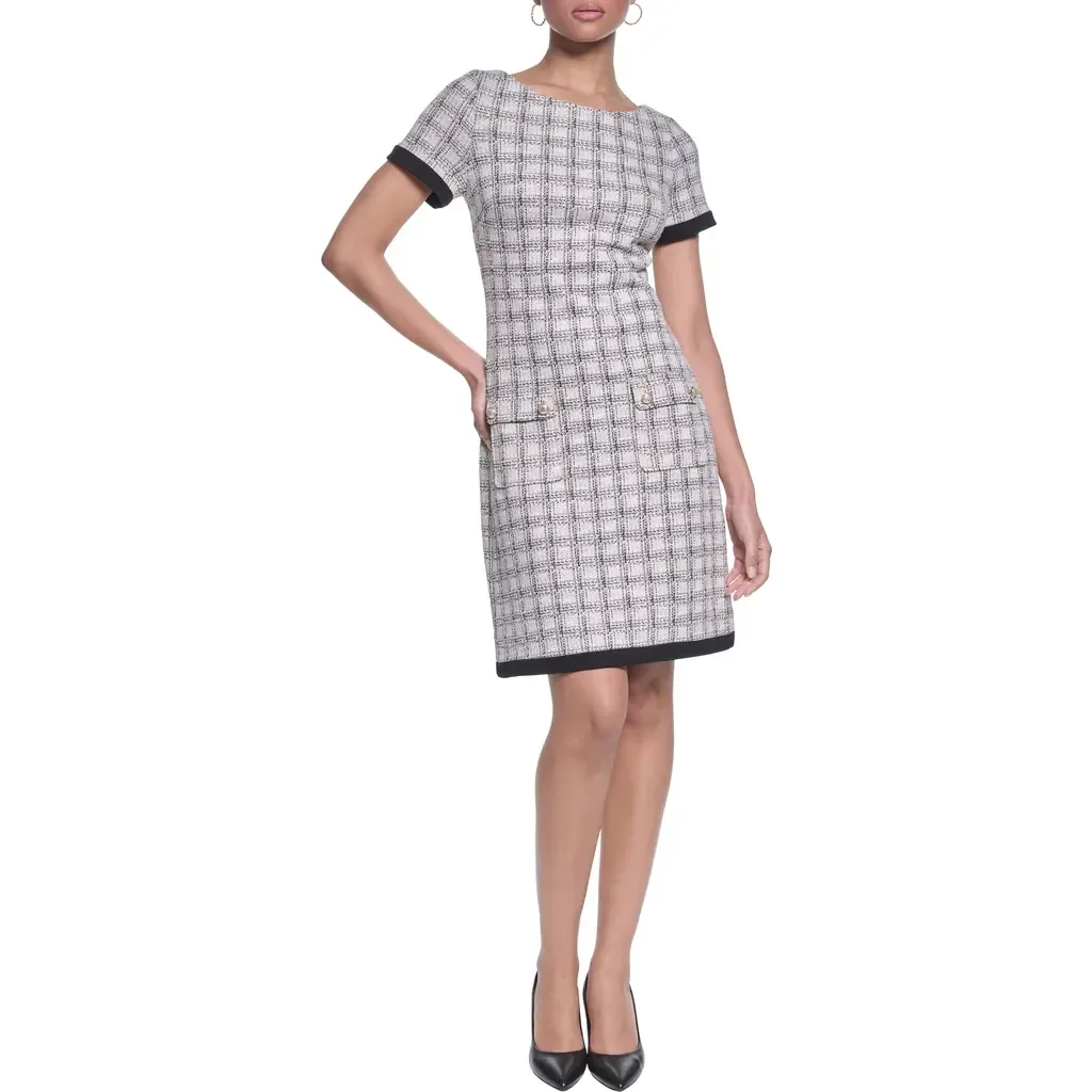 Windowpane Check Tweed Sheath Dress
