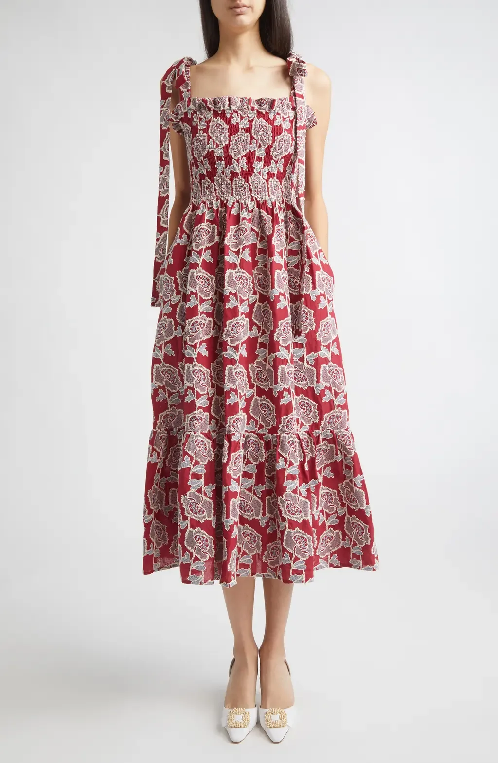 Floral Embroidered Tiered Cotton Blend Midi Sundress