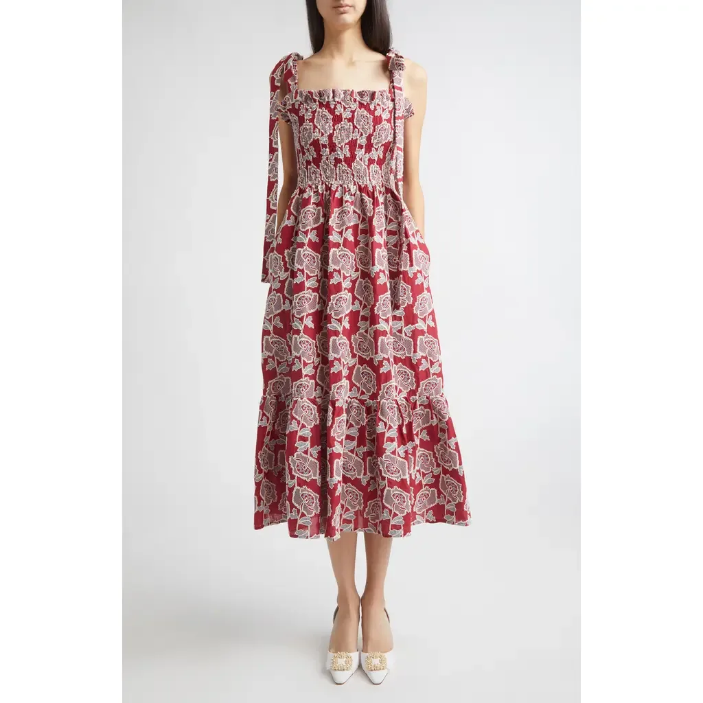 Floral Embroidered Tiered Cotton Blend Midi Sundress by Erdem
