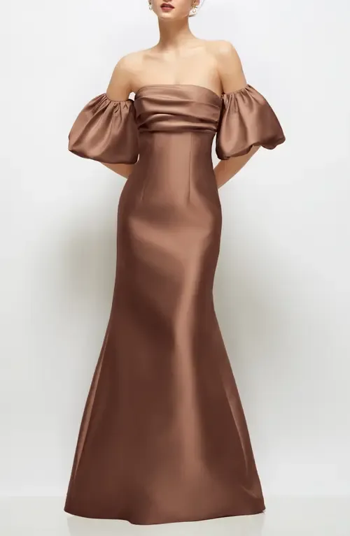 Off the Shoulder Puff Sleeve Satin Gown by Alfred Sung