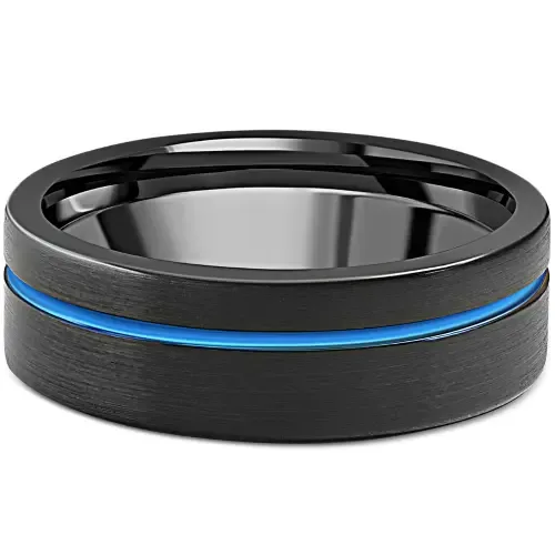 Black & Blue Inlay Tungsten Ring Brushed Ring 8mm Wedding Band by Bliss Diamond