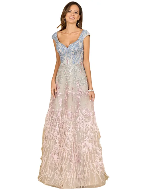 Cap Sleeves Feather Detail Ballgown by LARA New York