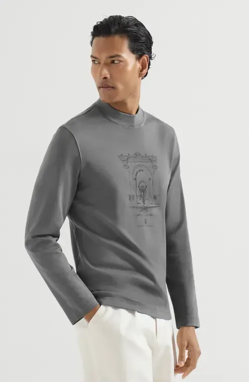 Cotton Interlock Long Sleeve T-Shirt with Mock Neck and Print by Brunello Cucinelli