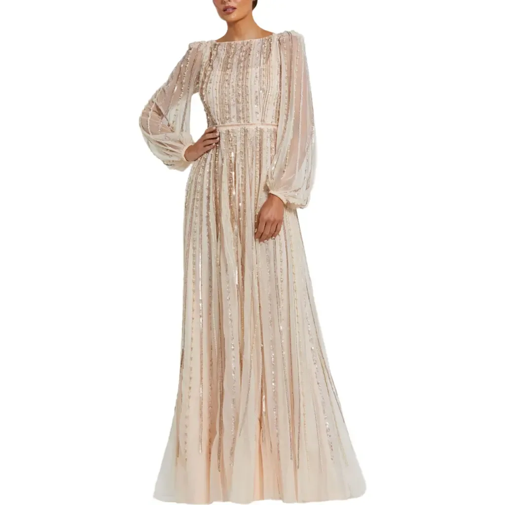 Embellished Long Sleeve A-Line Evening Gown