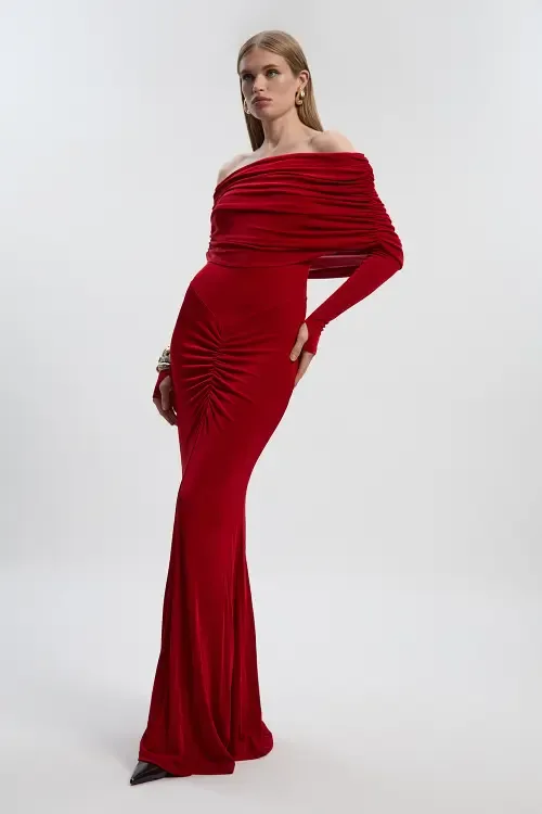 Ruched Off Shoulder Fishtail Maxi Dress by Karen Millen