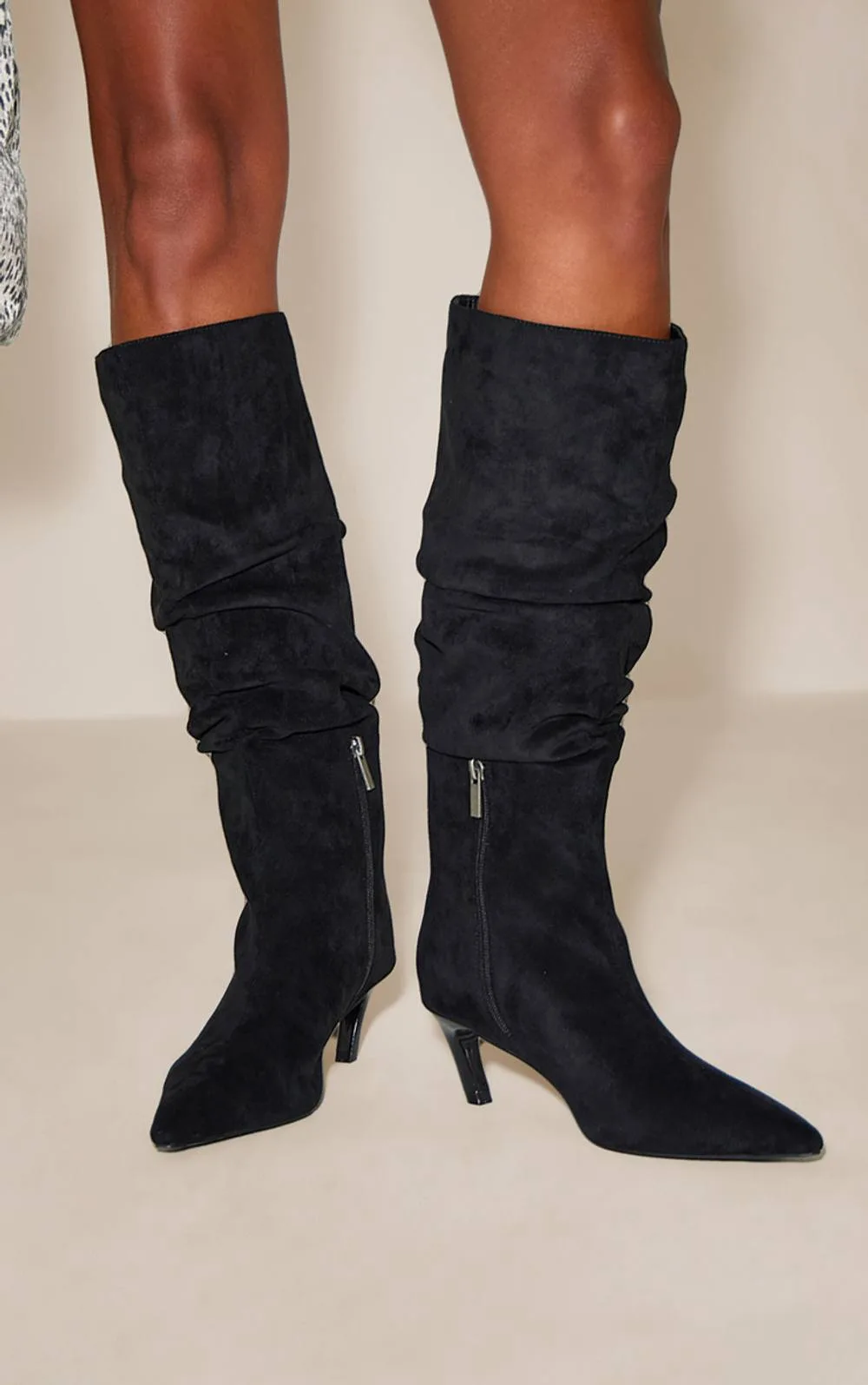 Faux Suede Heeled Knee High Scrunch Boot by PrettyLittleThing