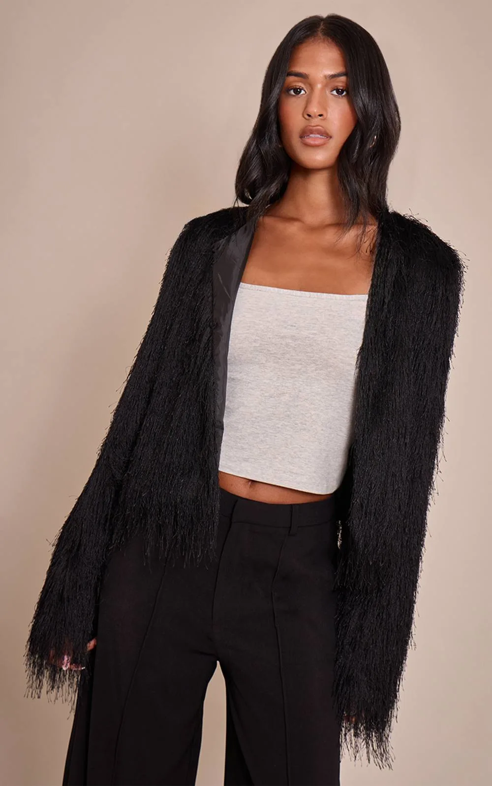 Tall Collarless Fringe Jacket by PrettyLittleThing