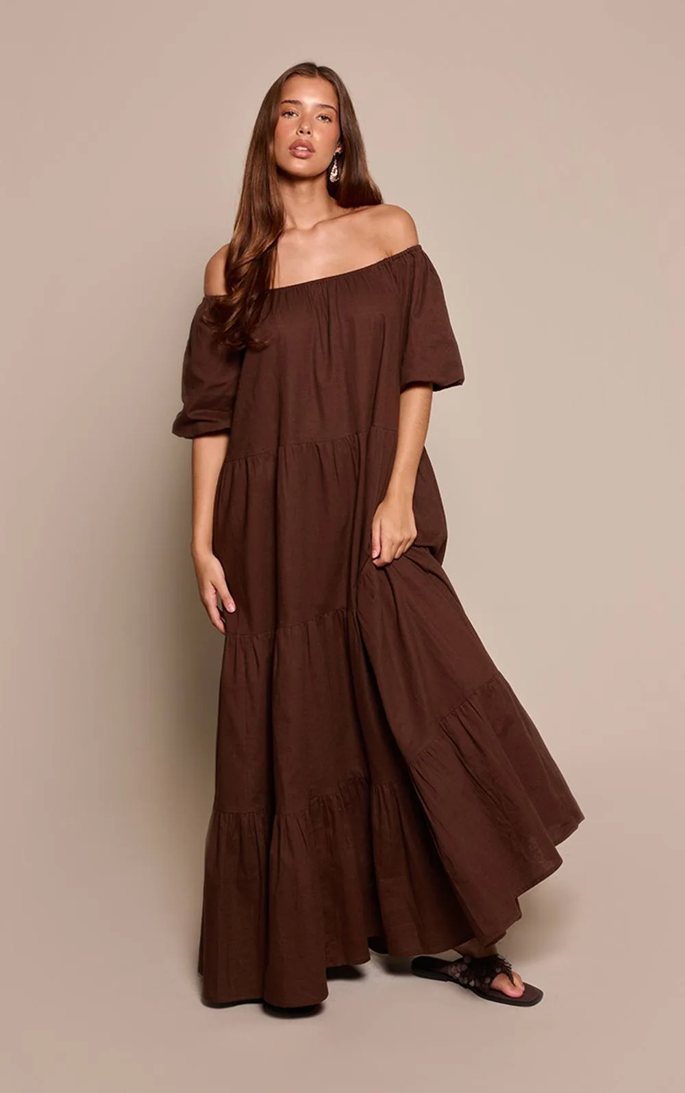 Linen Look Bardot Tiered Maxi Dress by PrettyLittleThing