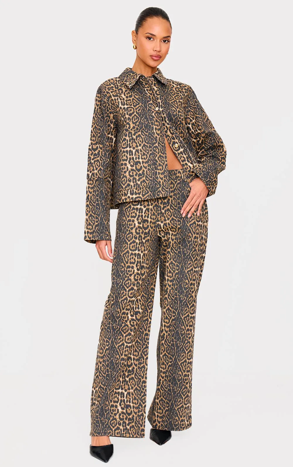 Leopard Twill Wide Leg Trousers Co-Ord - Stone by PrettyLittleThing