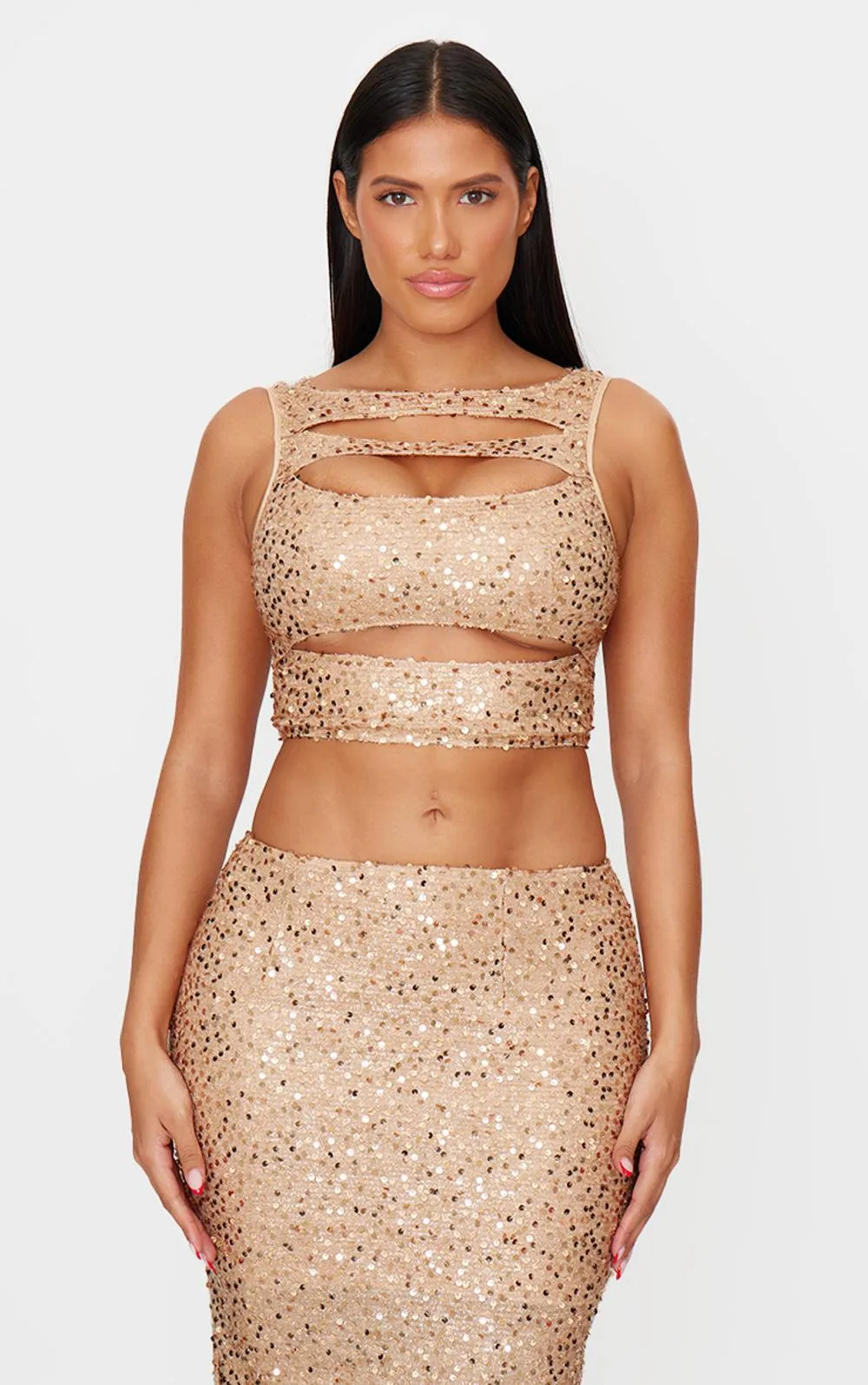 Sequin Cut Out Twist Front Top Co-Ord by PrettyLittleThing