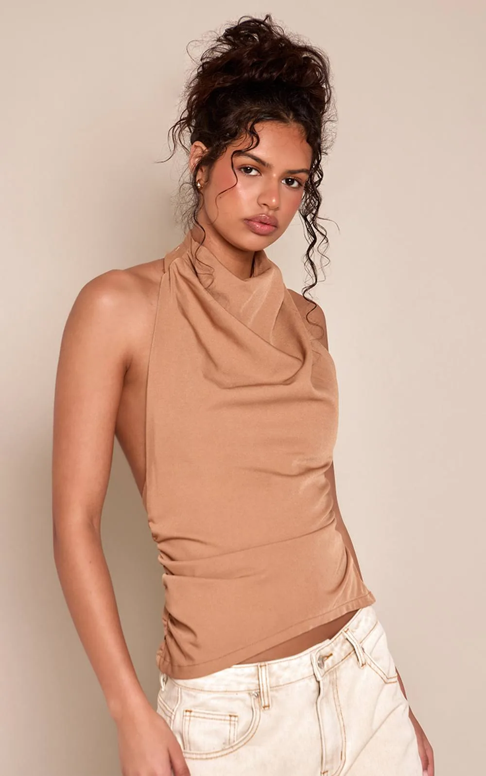 Woven High Neck Low Back Top