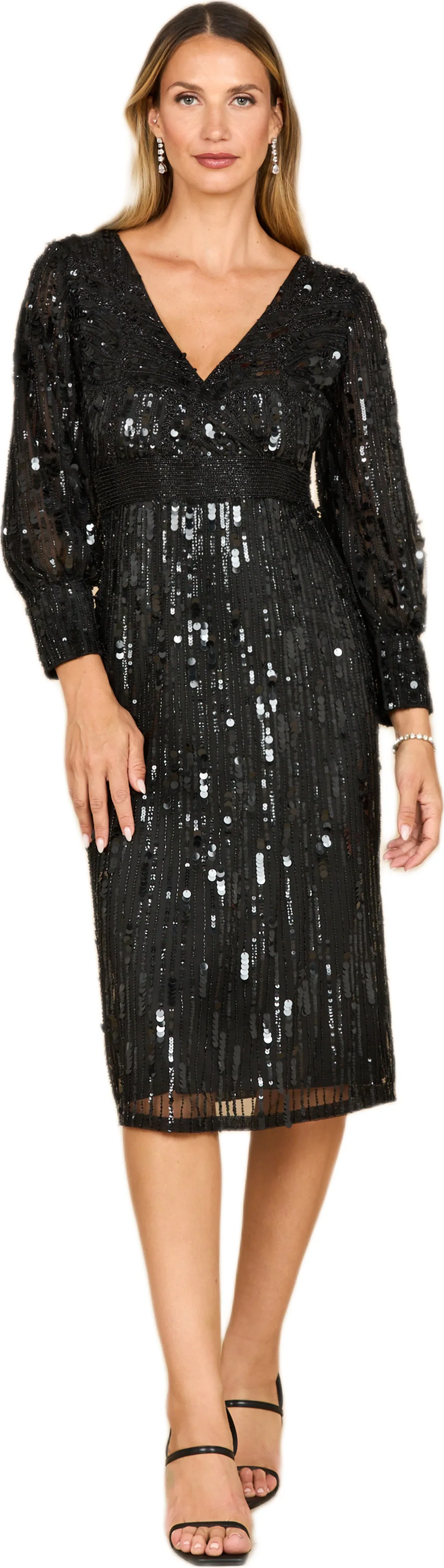 Beaded A-Line Midi Dress with Long Sleeves