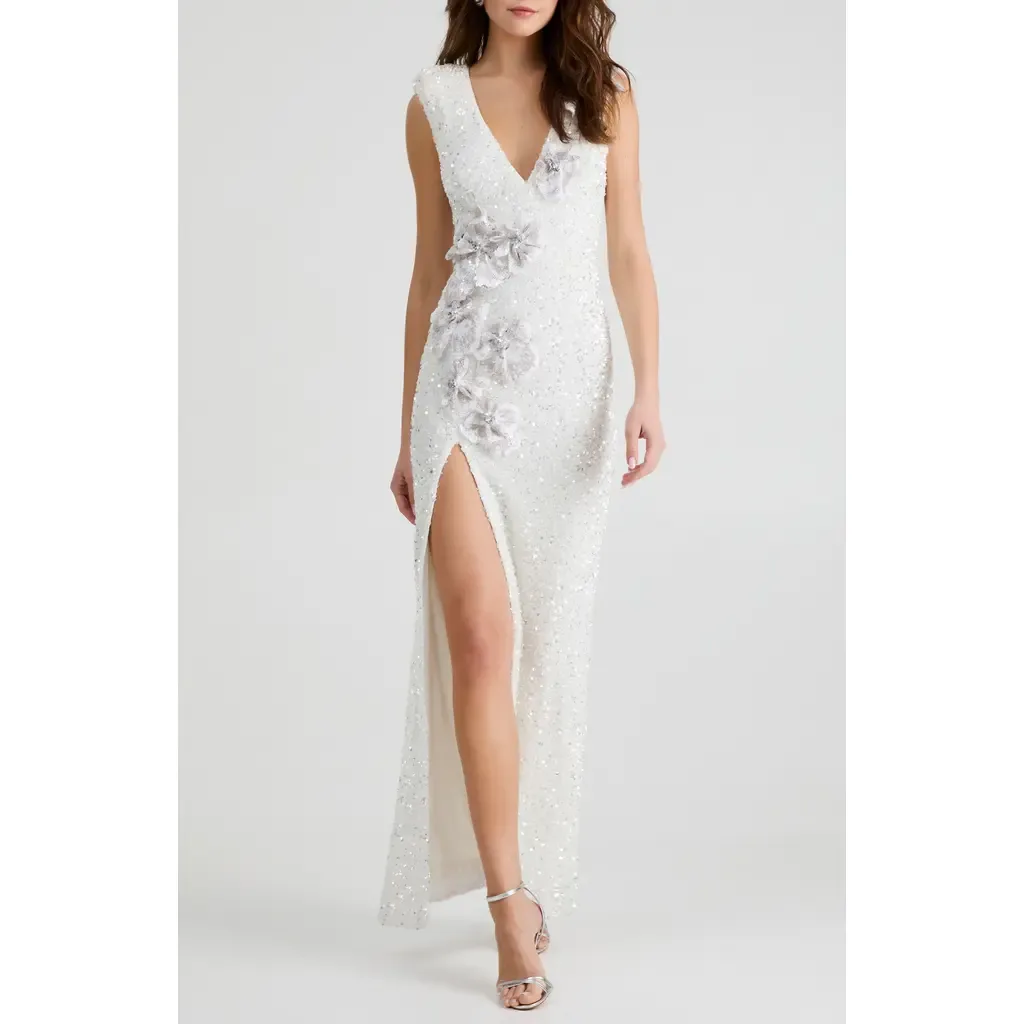 Gabriella Sequin Floral Appliqué Sleeveless Gown by HELSI
