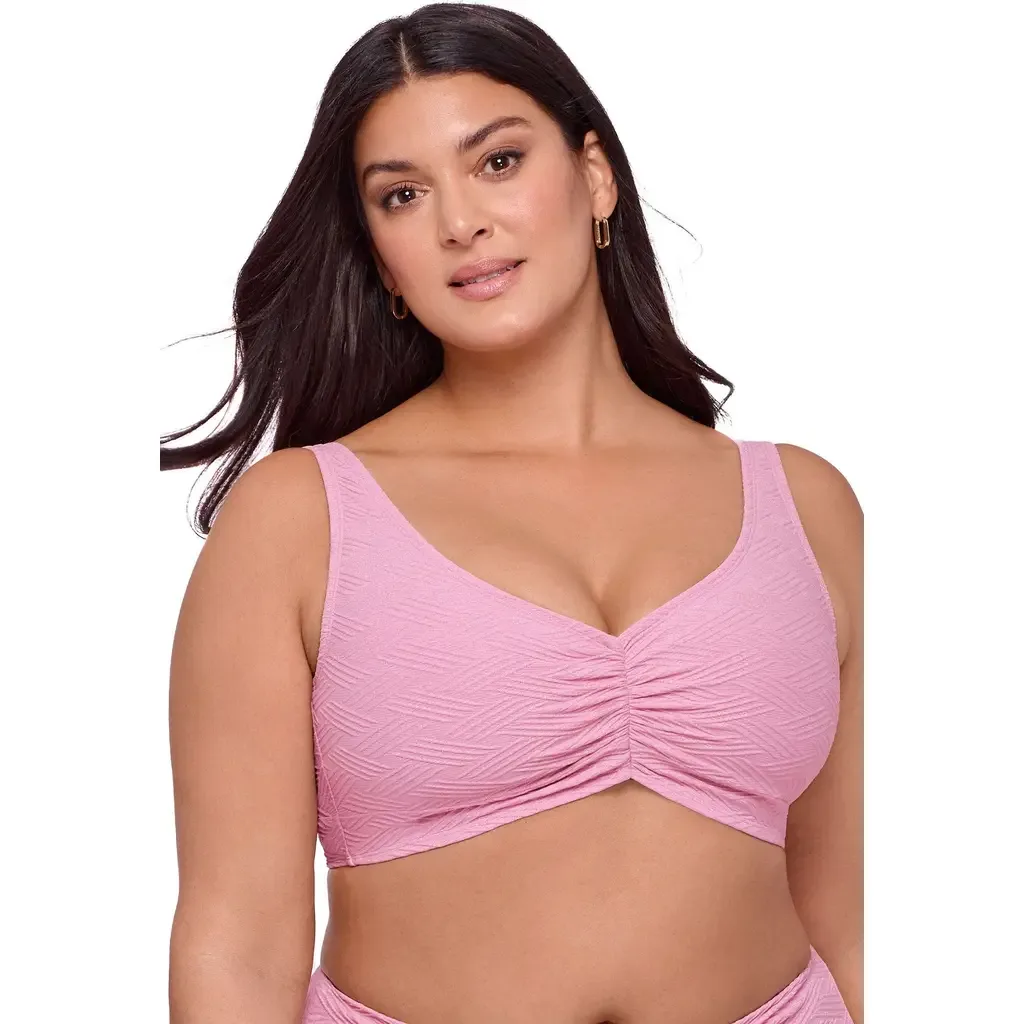 Supportive and Sculpting Basket Weave Banded Cinch Front Bikini Swimsuit Top