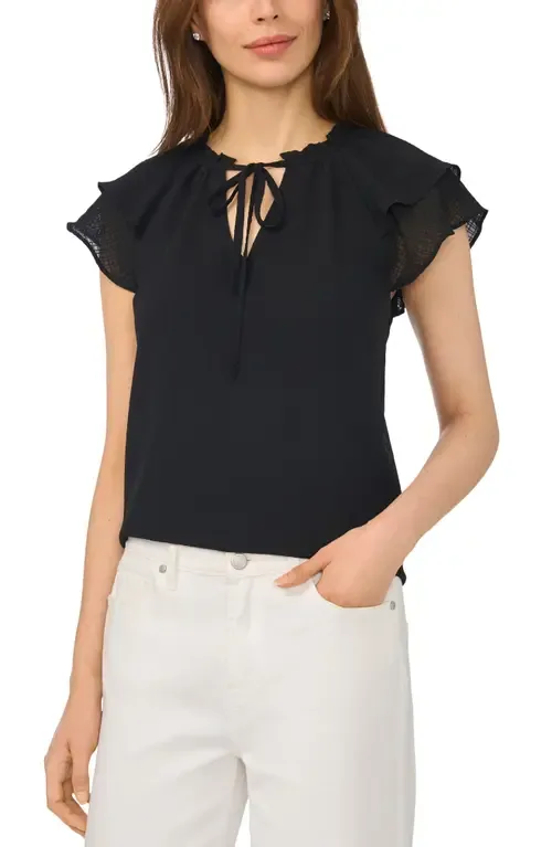 Fluttery Sleeve Tie Neck Top by CeCe