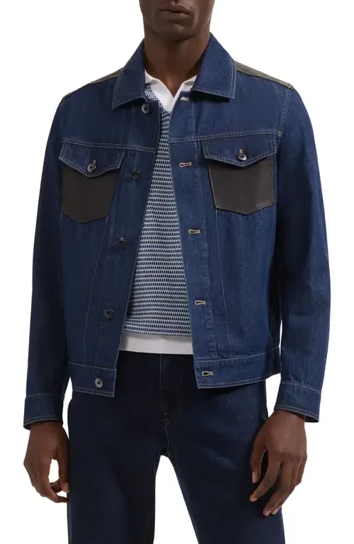 Leather Trim Denim Trucker Jacket by Bugatchi