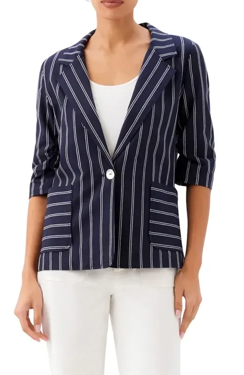 Stripe Ruched Sleeve Stretch Cotton Jacket by Karen Kane
