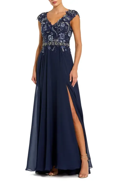 Embellished Cap Sleeve Bodice Chiffon Gown by Mac Duggal