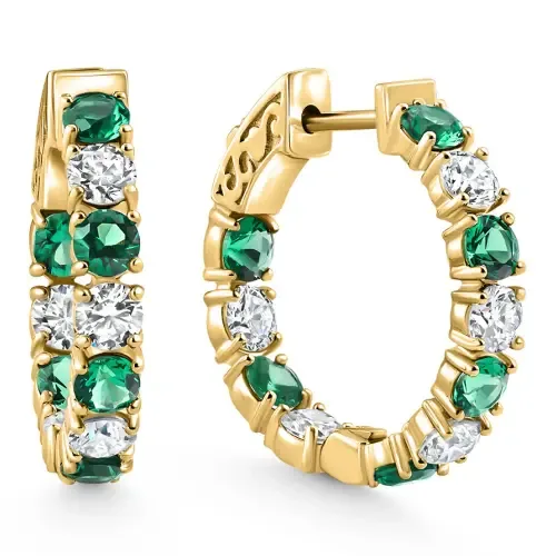 4 1/2Ct Emerald & Diamond Hoops or Gold Lab Grown 1" Tall by Bliss Diamond