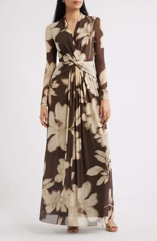Floral Print Twist Front Long Sleeve Maxi Dress by Anne Klein