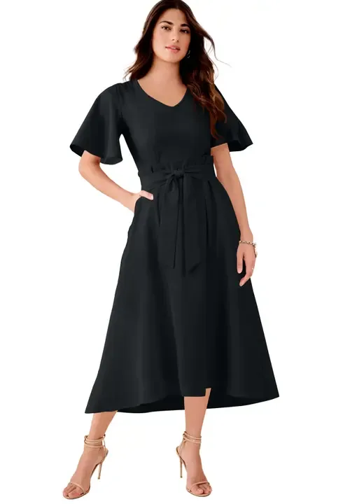 Flutter Sleeve V Neck Fit and Flare Bi Stretch Maxi Dress by Roaman's