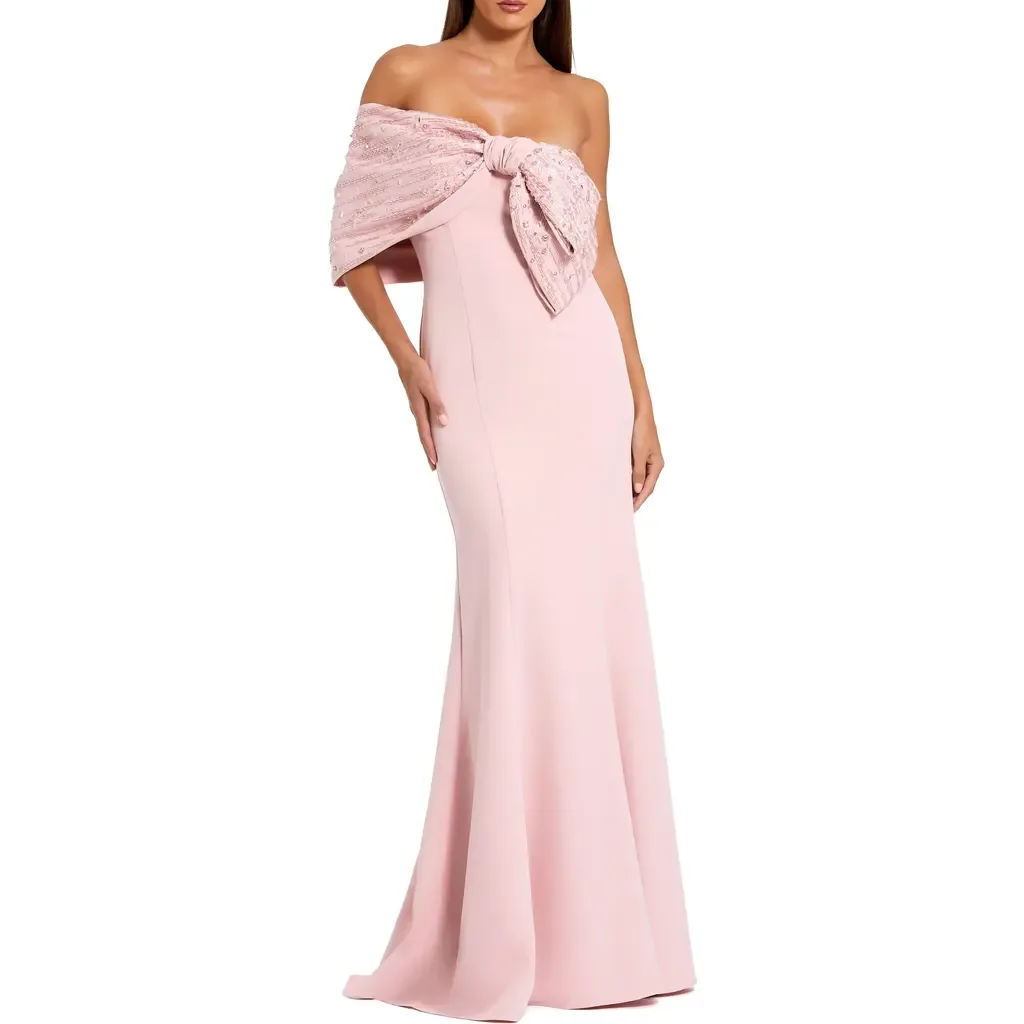 Beaded Off-the-Shoulder Satin Trumpet Gown by Mac Duggal