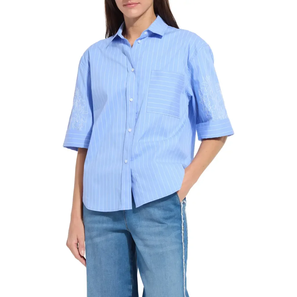 Hazel Embroidered Stripe Button-Up Shirt by Lysse