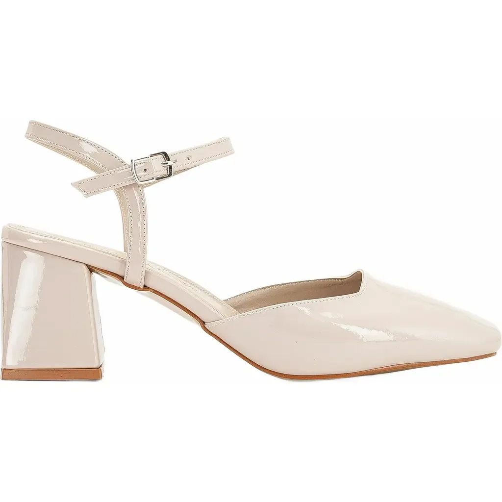 Kayla Block Heel Pumps in Beige Patent Faux Leather by Forever & Always Shoes