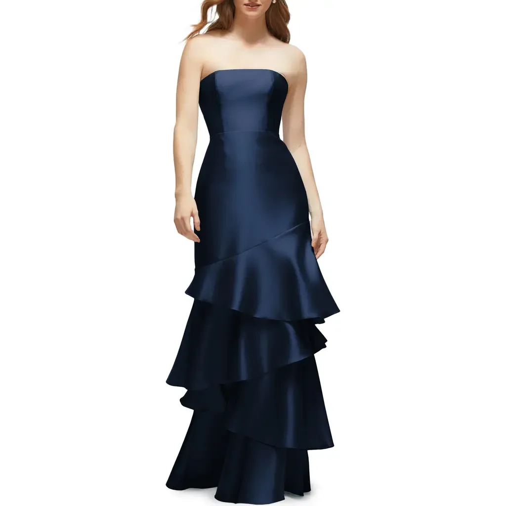 Ruffle Strapless Tiered Satin Twill Gown by Dessy Collection
